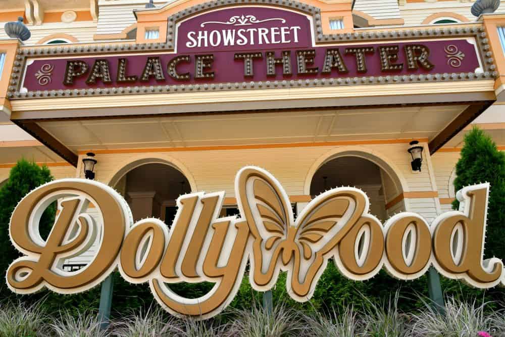 The Dollywood sign sitting in front of the theme park's Palace Theater.