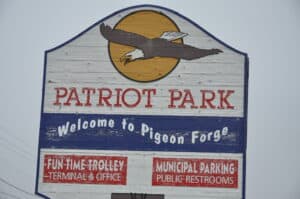 The sign for Patriot Park welcomes guests to a lovely oasis along the Pigeon Forge Parkway.